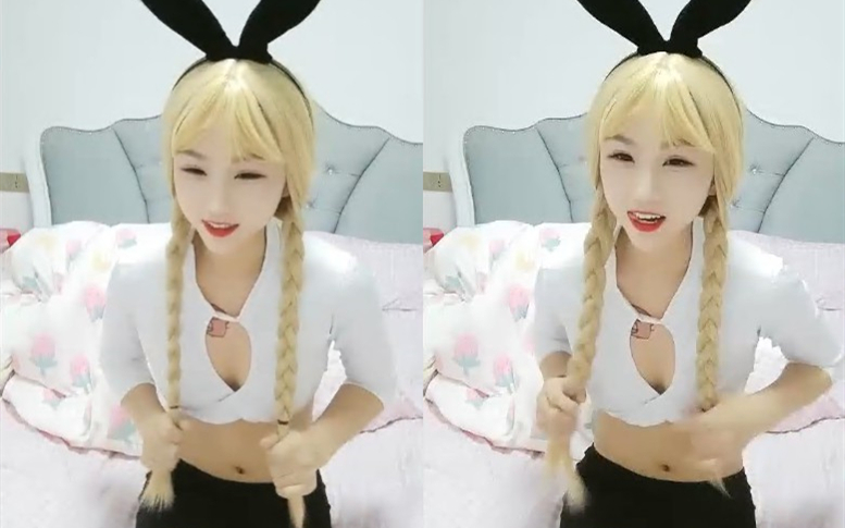 金发麻花辫妹子情趣兔耳朵短裙诱惑翘起屁股掰穴揉逼上位骑乘后入表情对着镜头